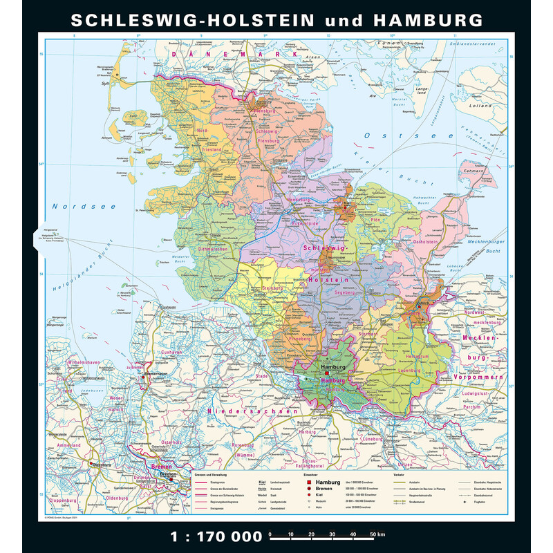 PONS Mapa regional Schleswig-Holstein y Hamburgo físico y político (148 x 175 cm)