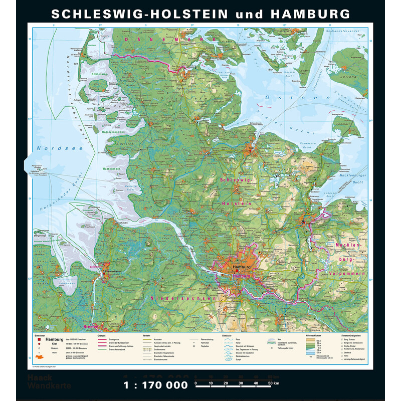 PONS Mapa regional Schleswig-Holstein y Hamburgo físico y político (148 x 175 cm)