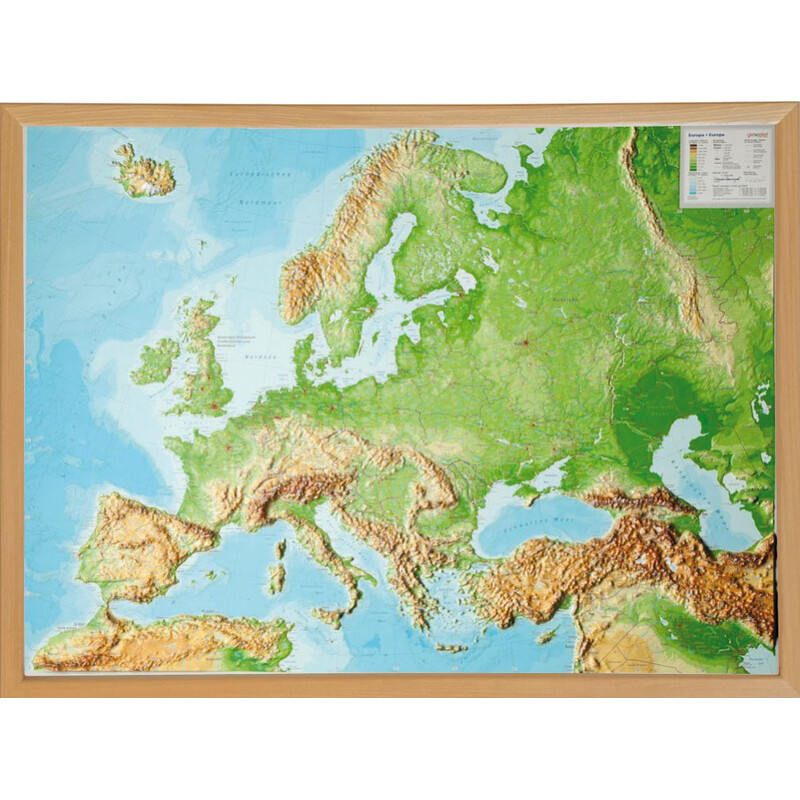 Georelief Europa, grande, mapa en relieve 3D con marco de madera