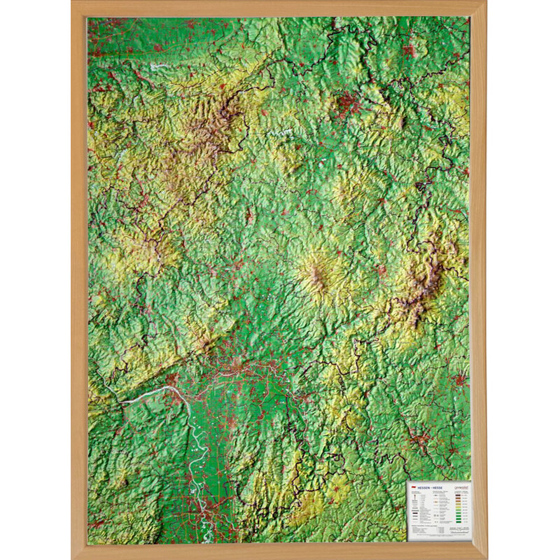 Georelief Estado federado de Hesse, grande, mapa en relieve 3D