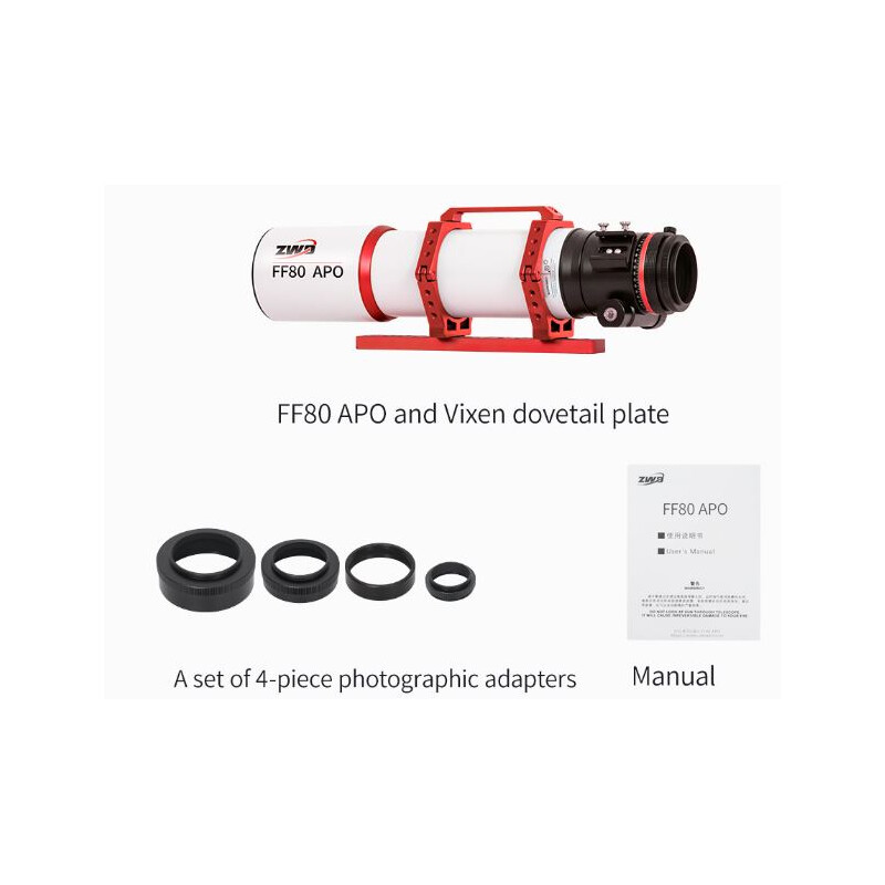ZWO Refractor apocromático FF80 AP 80/600 Quadruplet OTA