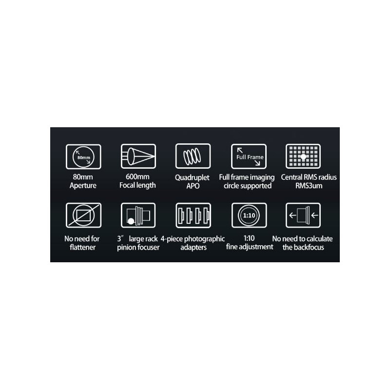 ZWO Refractor apocromático FF80 AP 80/600 Quadruplet OTA
