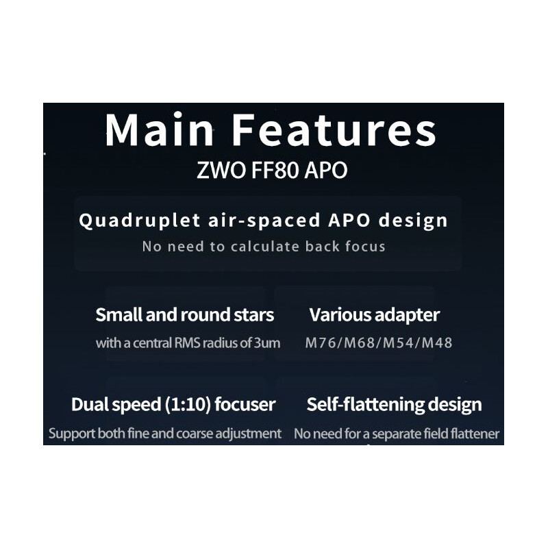 ZWO Refractor apocromático FF80 AP 80/600 Quadruplet OTA