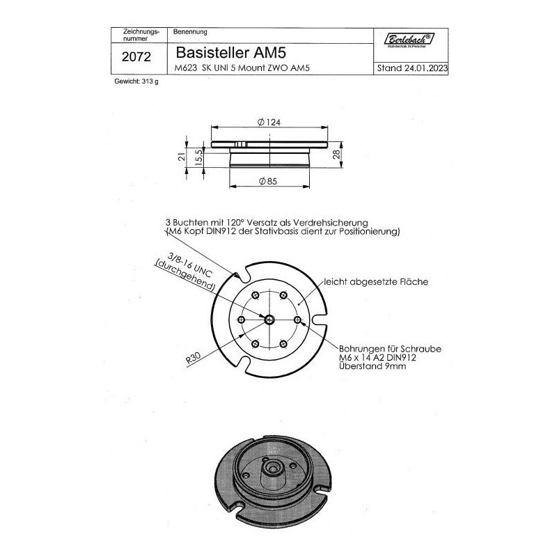 Berlebach Placa adaptadora apta para ZWO AM5
