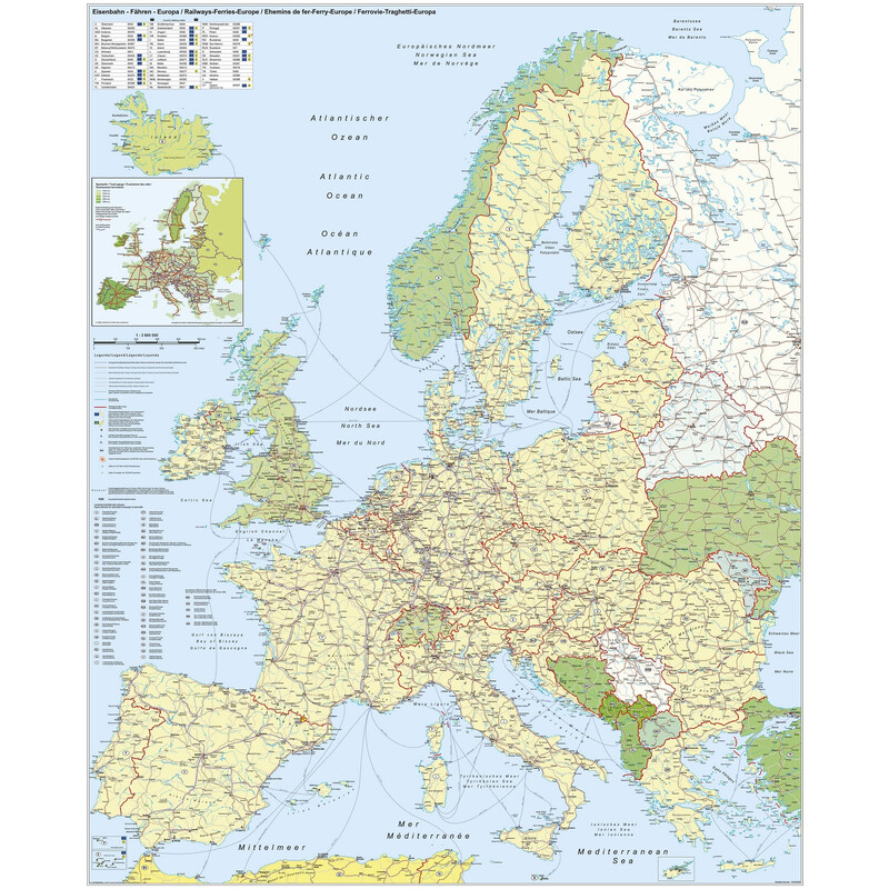 Stiefel Mapa continental Europa: Eisenbahn und Fähren (97 x 119 cm)