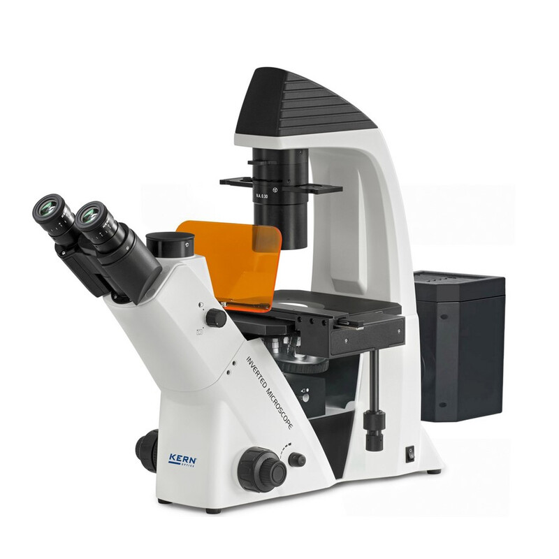 Kern Microscopio invertido OCM 166, FL, PH, trino, inverso, Abbe-N.A.-0,3-Condensador fijo, 10x-40x, 30W LED, Al, 100W HBO, Dl