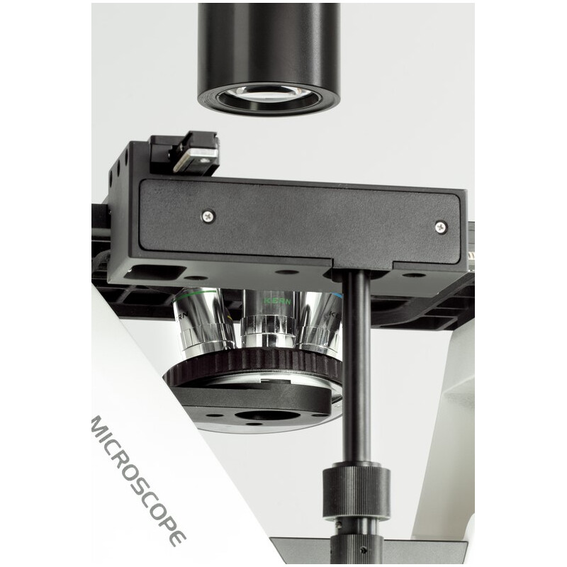 Kern Microscopio invertido OCM 166, FL, PH, trino, inverso, Abbe-N.A.-0,3-Condensador fijo, 10x-40x, 30W LED, Al, 100W HBO, Dl