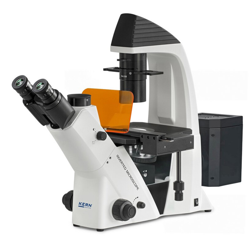 Kern Microscopio invertido OCM 168, FL, PH, trino, Abbe-N.A. 0,3 Condensador fijo, 10x-40x, 5W LED, Al/Dl