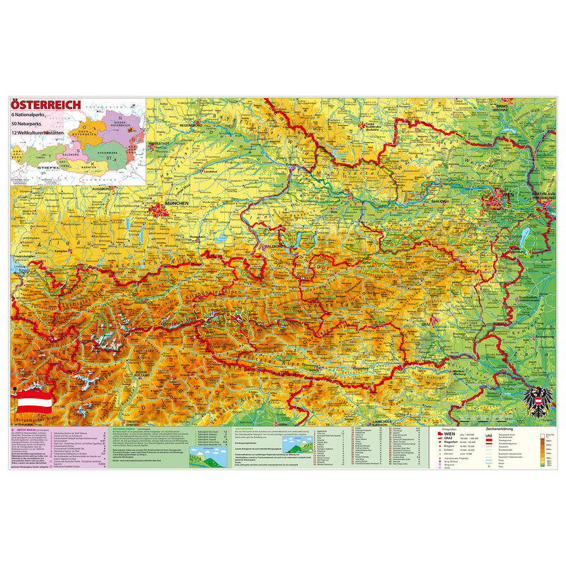 Stiefel Mapa Österreich National- und Naturparks mit UNESCO-Welterbestätten (98 x 68 cm)