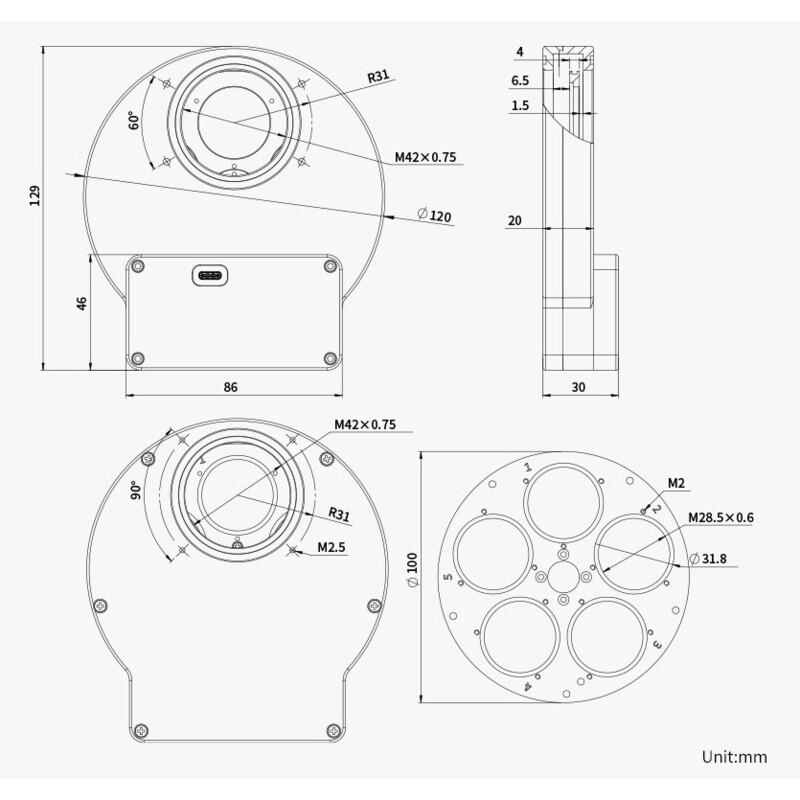 ZWO Rueda de filtros EFW 5x 1,25"