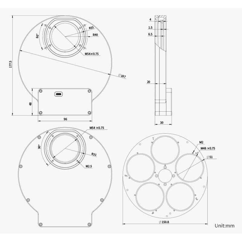 ZWO Rueda de filtros EFW 5x 2"