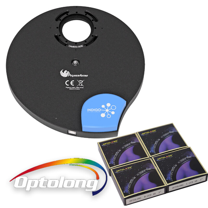 PegasusAstro Rueda de filtros Indigo + filtros LRGB Optolong de 2"